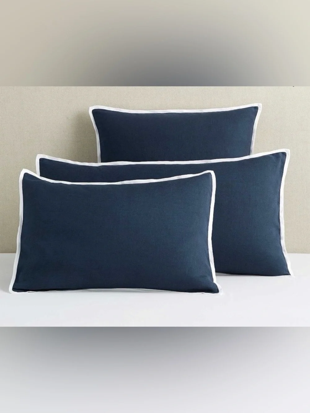 Pottery Barn Belgian Flax Linen Navy Contrast Flange Shams Set
